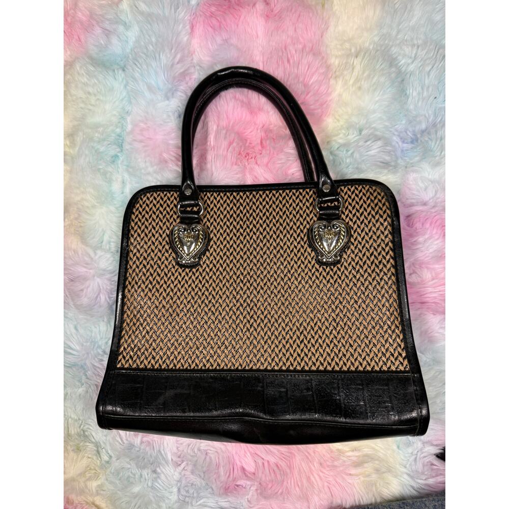 Marlo Heart Hardware Woven Satchel Handbag Black Tan - Picture 2 of 16